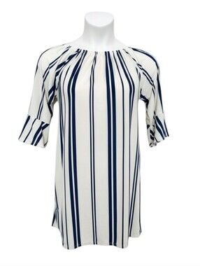 West Loop Womens Medium Tunic Blouse Top White Navy Striped 3/4 Bell Sleeve Boho